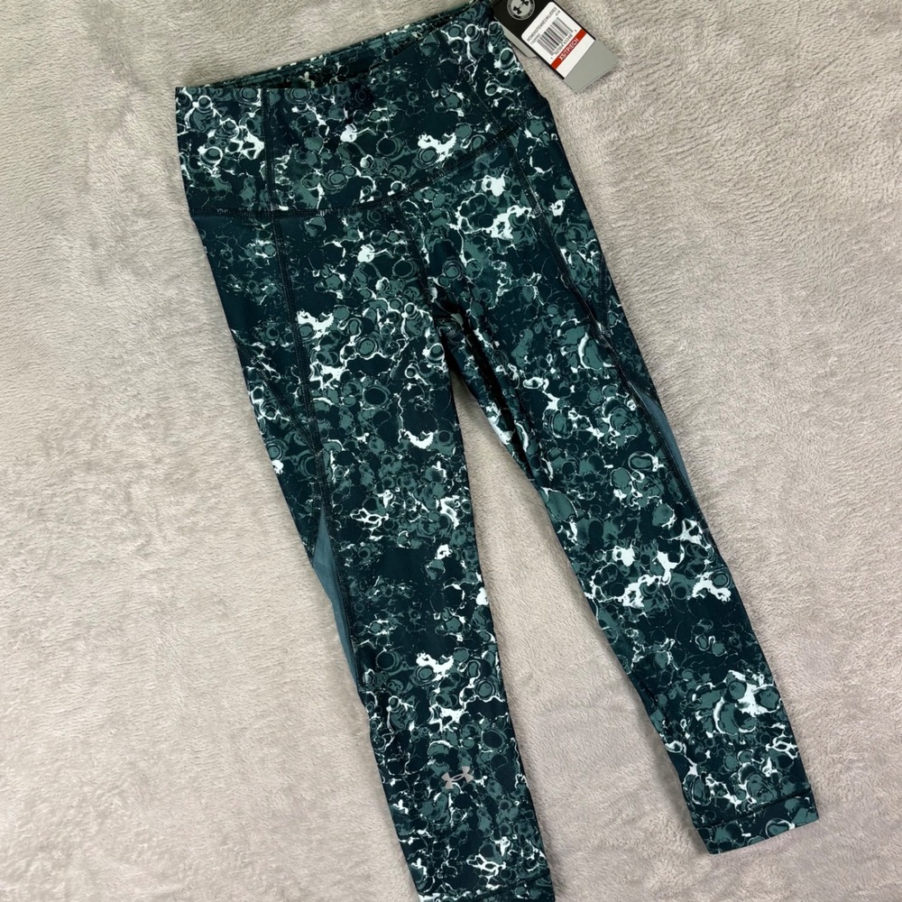 NWT Under Armour Women's Capri Leggings XS Green Marble HeatGear Compression